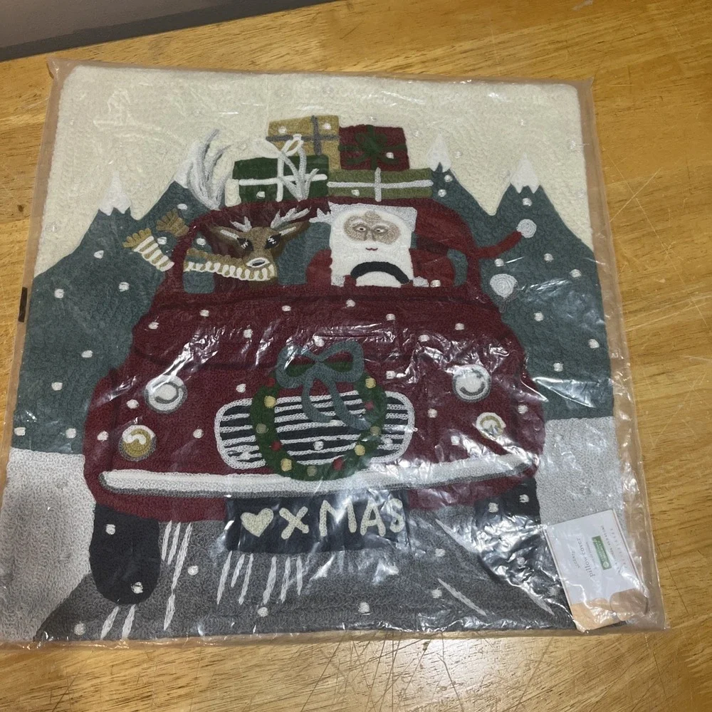 NEW Pottery Barn‎ Road Trip Santa Crewel Embroidered Pillow Cover, Christmas